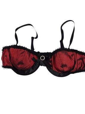 Coquette Balconette Bra Women's  Size Large Deep Red Trimmed Black Lace
